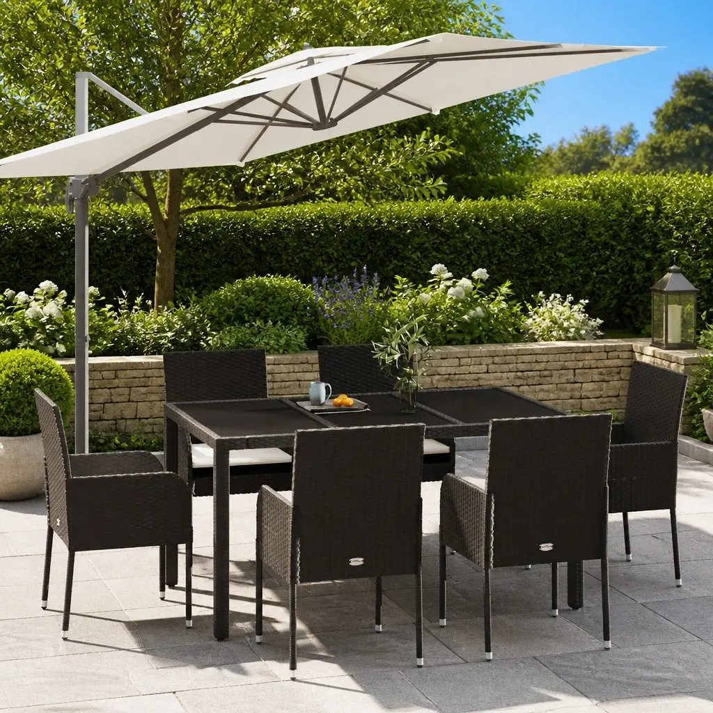 7 Piece Outdoor Garden Dining Set with Cushions Black Rattan Patio Furniture