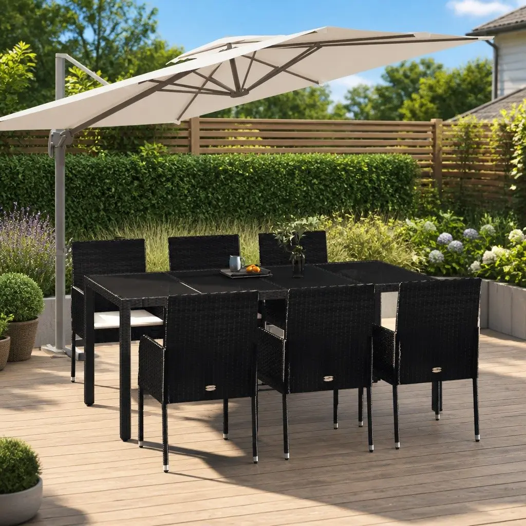 7 Piece Outdoor Garden Dining Set Black Poly Rattan Chair Table Patio Furniture