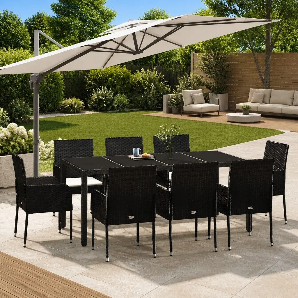 9 Piece Outdoor Garden Dining Set Black Poly Rattan Chairs Table Cushions