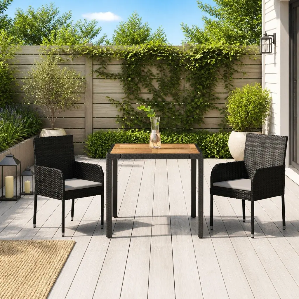 3 Piece Garden Dining Set Outdoor Patio Furniture with Cushions Black Rattan