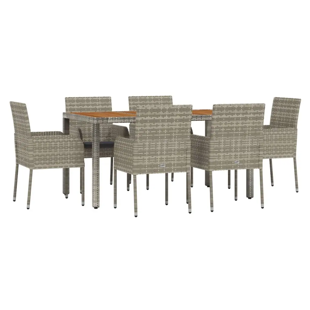 Garden Dining Set 7 Piece Weather-resistant PE Rattan Grey with Powder-coated Steel Frame and Solid Acacia Wood Tabletop