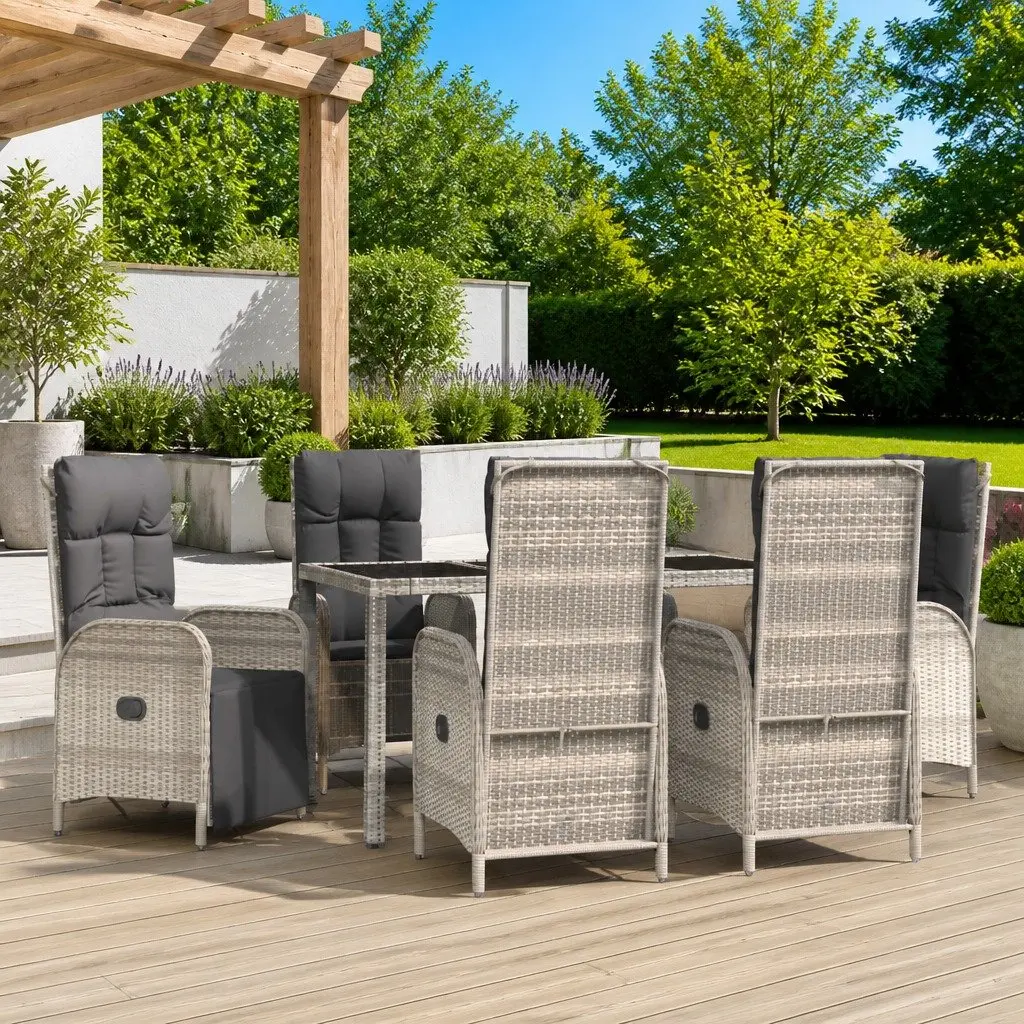 7 Piece Outdoor Garden Dining Set Grey Poly Rattan Furniture with Cushions