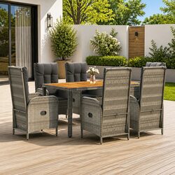 Outdoor Garden Dining Set 7 Piece Grey Poly Rattan Chairs Table Cushions