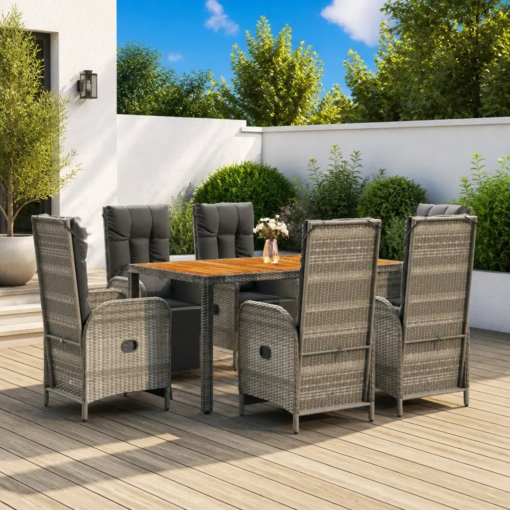 7 Piece Outdoor Dining Set Garden Furniture Grey Poly Rattan Chairs Table