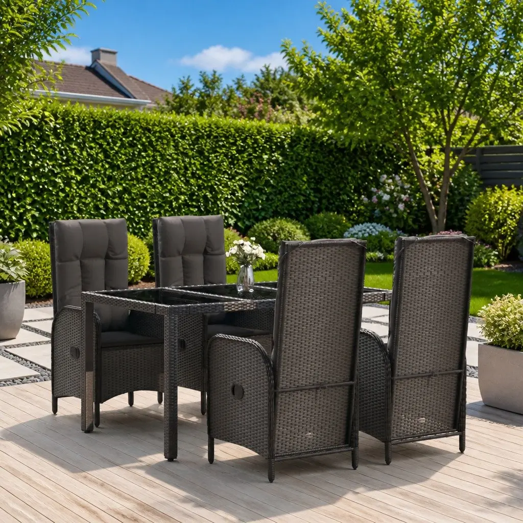 5 Piece Outdoor Garden Dining Set Black Poly Rattan Chairs Table Cushions