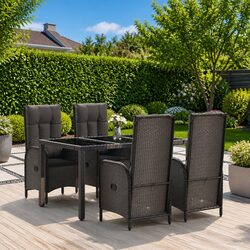 5 Piece Outdoor Garden Dining Set Black Poly Rattan Chairs Table Cushions