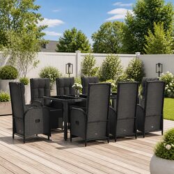 Outdoor Garden Dining Set 9 Piece Black Poly Rattan Furniture with Cushions