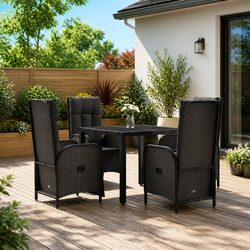 Outdoor Garden Dining Set 5 Piece Black Poly Rattan Chairs Table Cushions