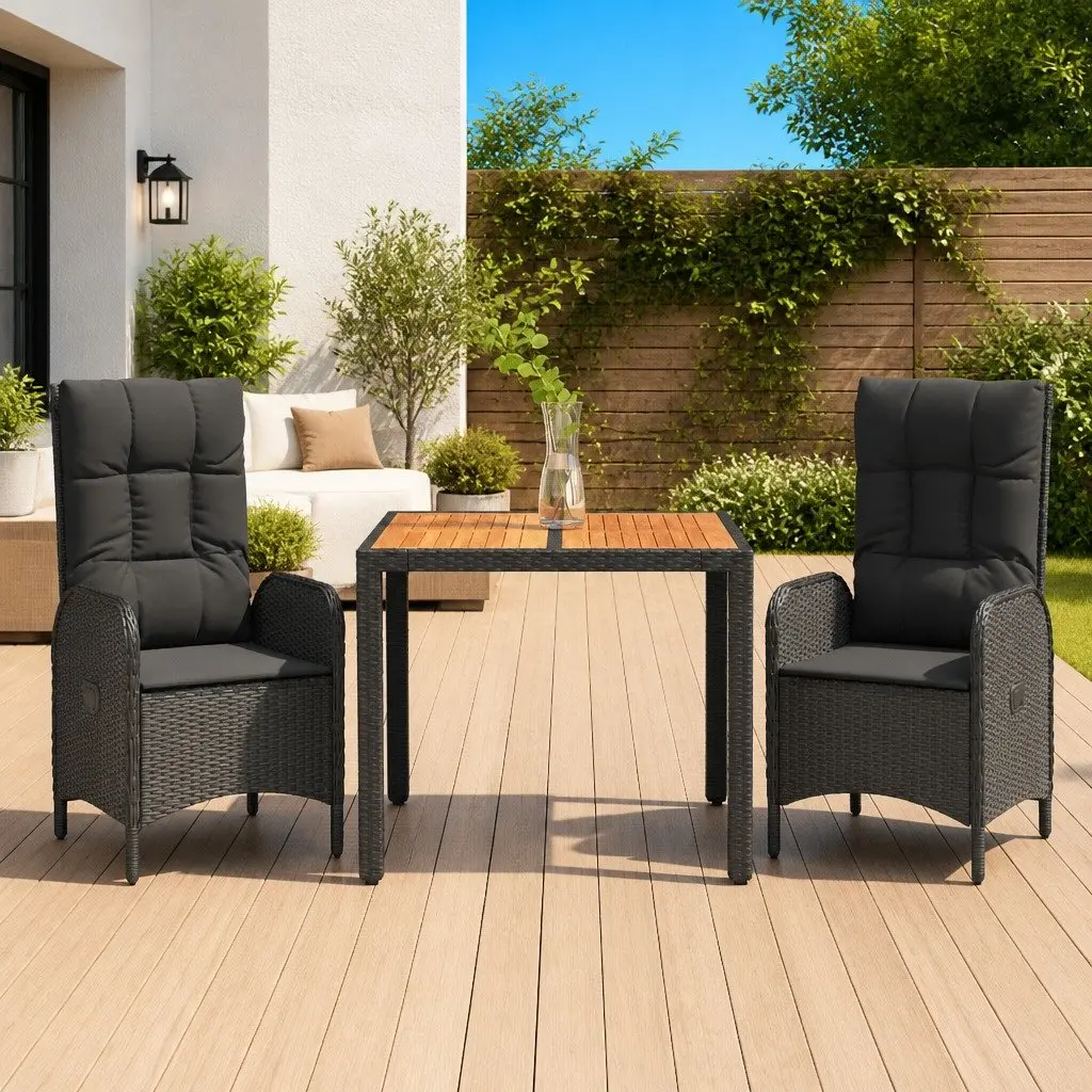3 Piece Garden Dining Set Reclining Chairs Cushions Black Poly Rattan Outdoor Furniture