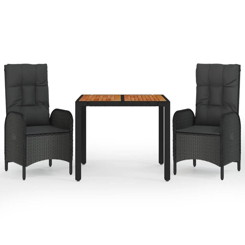 3 Piece Garden Dining Set Reclining Chairs Cushions Black Poly Rattan Outdoor Furniture