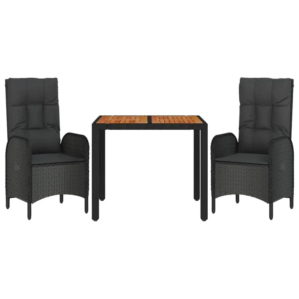 3 Piece Garden Dining Set Reclining Chairs Cushions Black Poly Rattan Outdoor Furniture