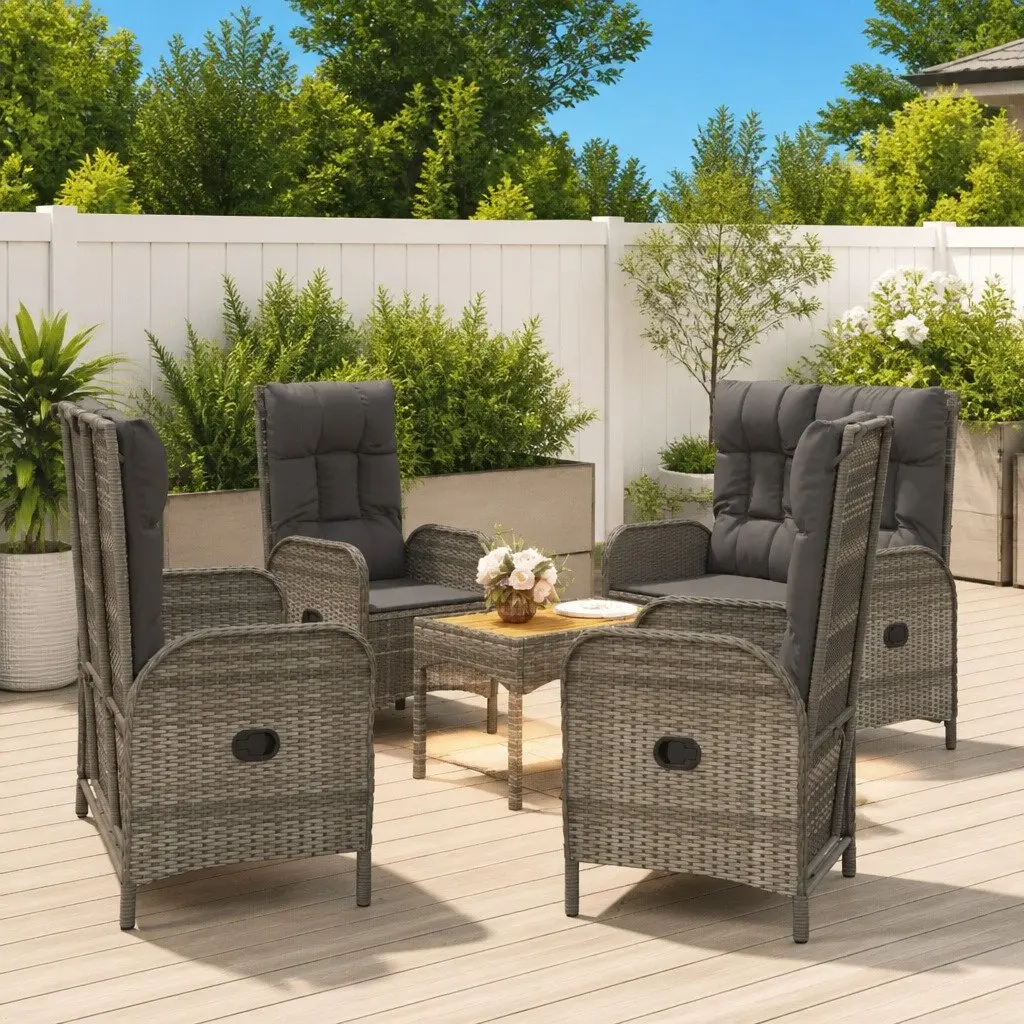 5-Piece Garden Dining Set Outdoor Furniture Grey Poly Rattan Table Chairs
