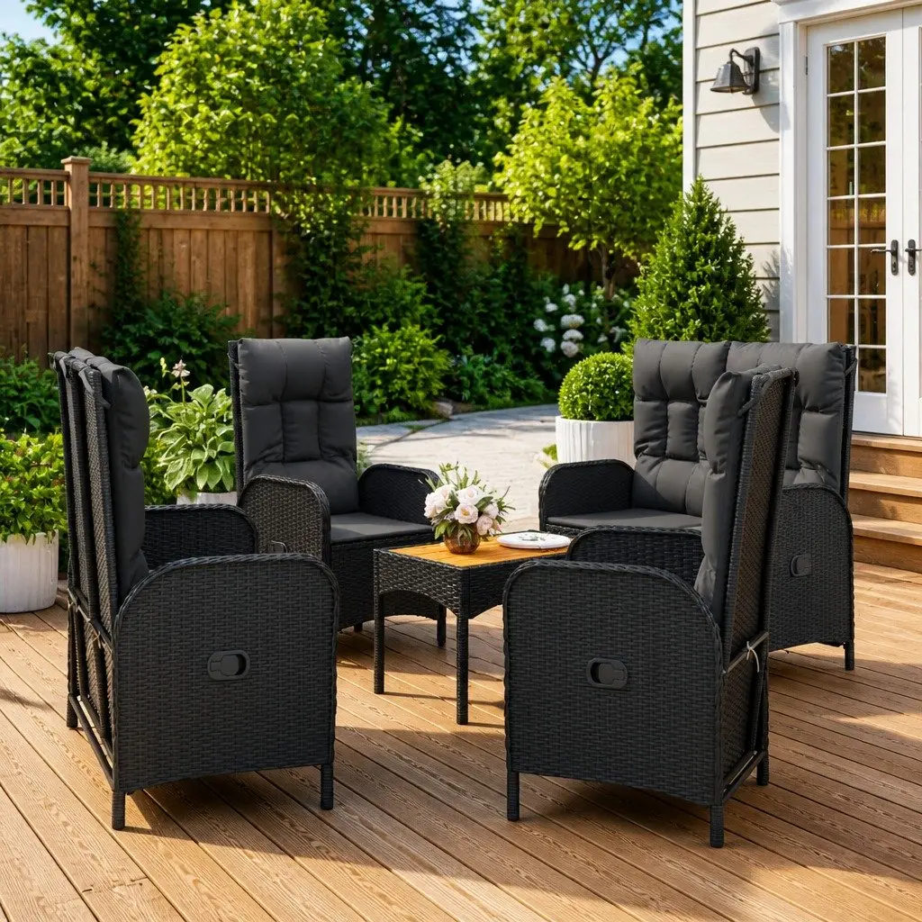 5 Piece Outdoor Dining Set Weather-resistant PE Rattan Black Chairs Table