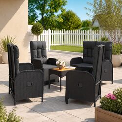 5 Piece Outdoor Garden Dining Set Black Poly Rattan Chairs Table Cushions