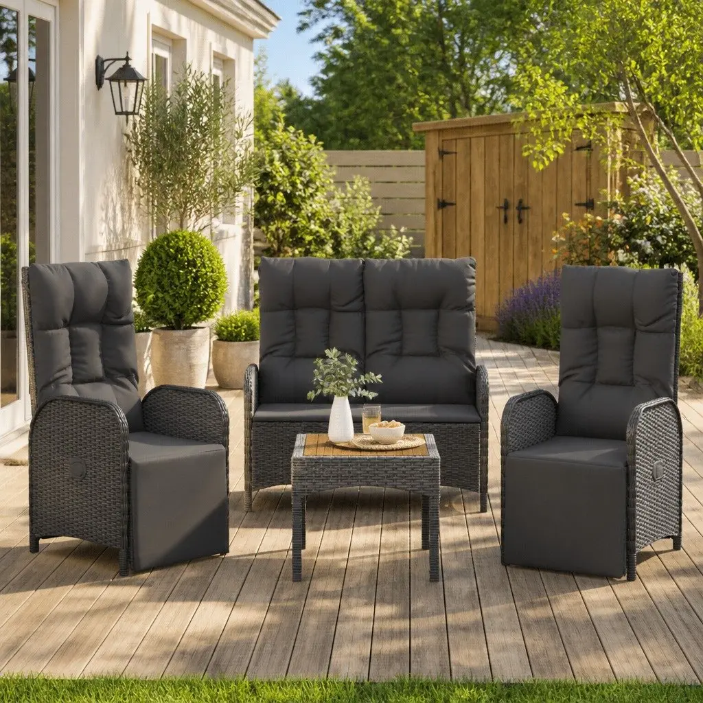 3 Piece Garden Dining Set Black Poly Rattan Outdoor Furniture with Cushions