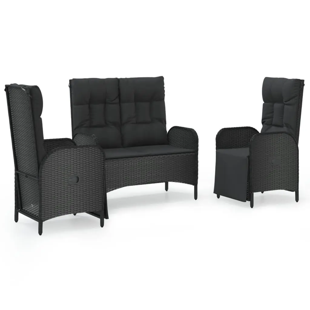 3 Piece Garden Dining Set Black Poly Rattan Outdoor Furniture with Cushions