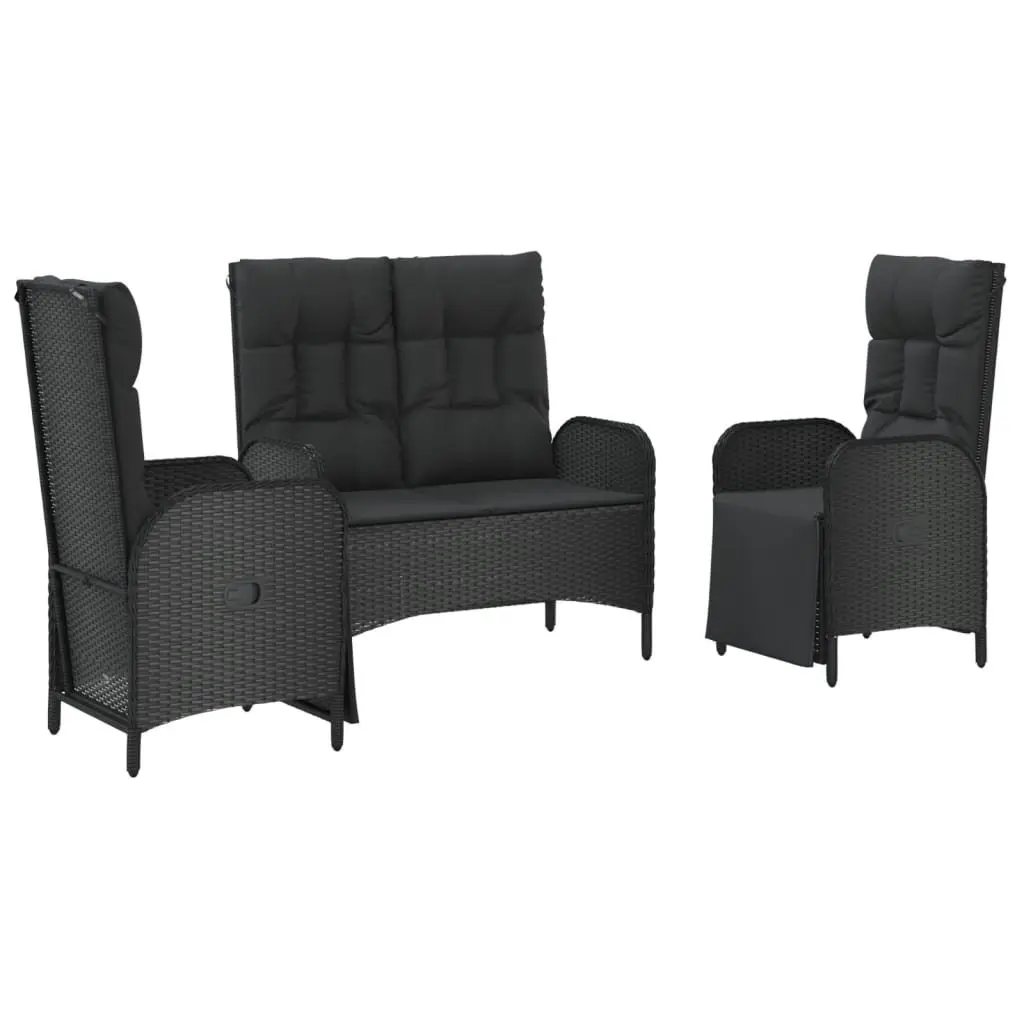 3 Piece Garden Dining Set Black Poly Rattan Outdoor Furniture with Cushions