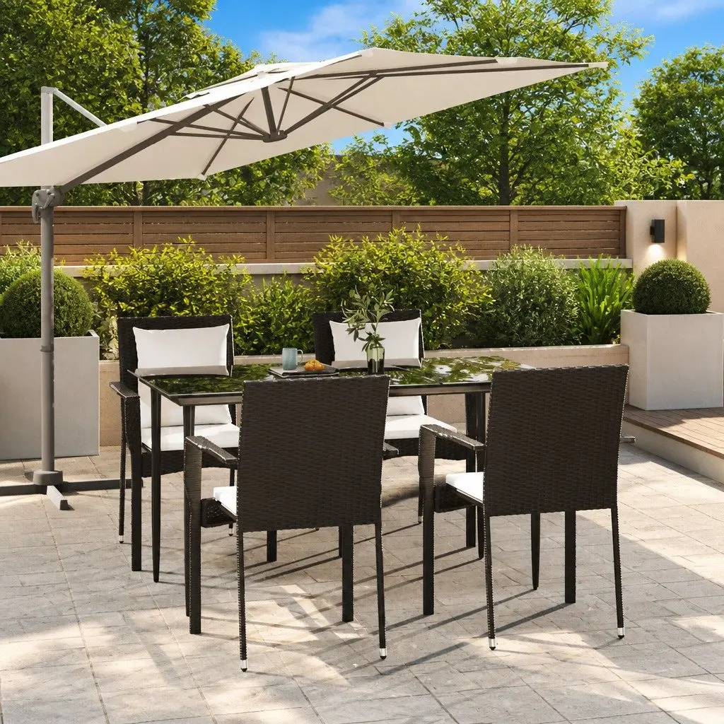 5 Piece Outdoor Garden Dining Set Black PE Rattan Chairs Table with Cushions