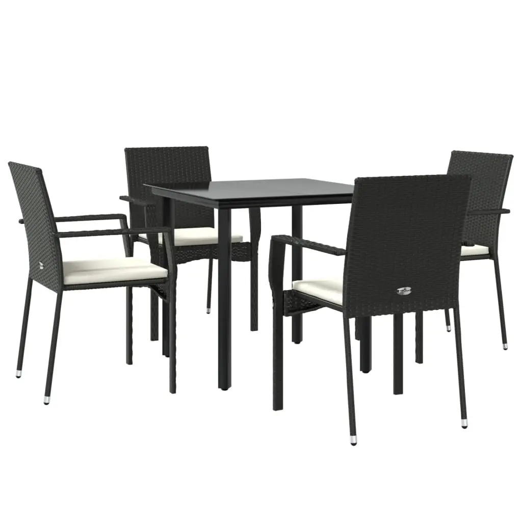 5 Piece Outdoor Garden Dining Set Black PE Rattan Chairs Table with Cushions