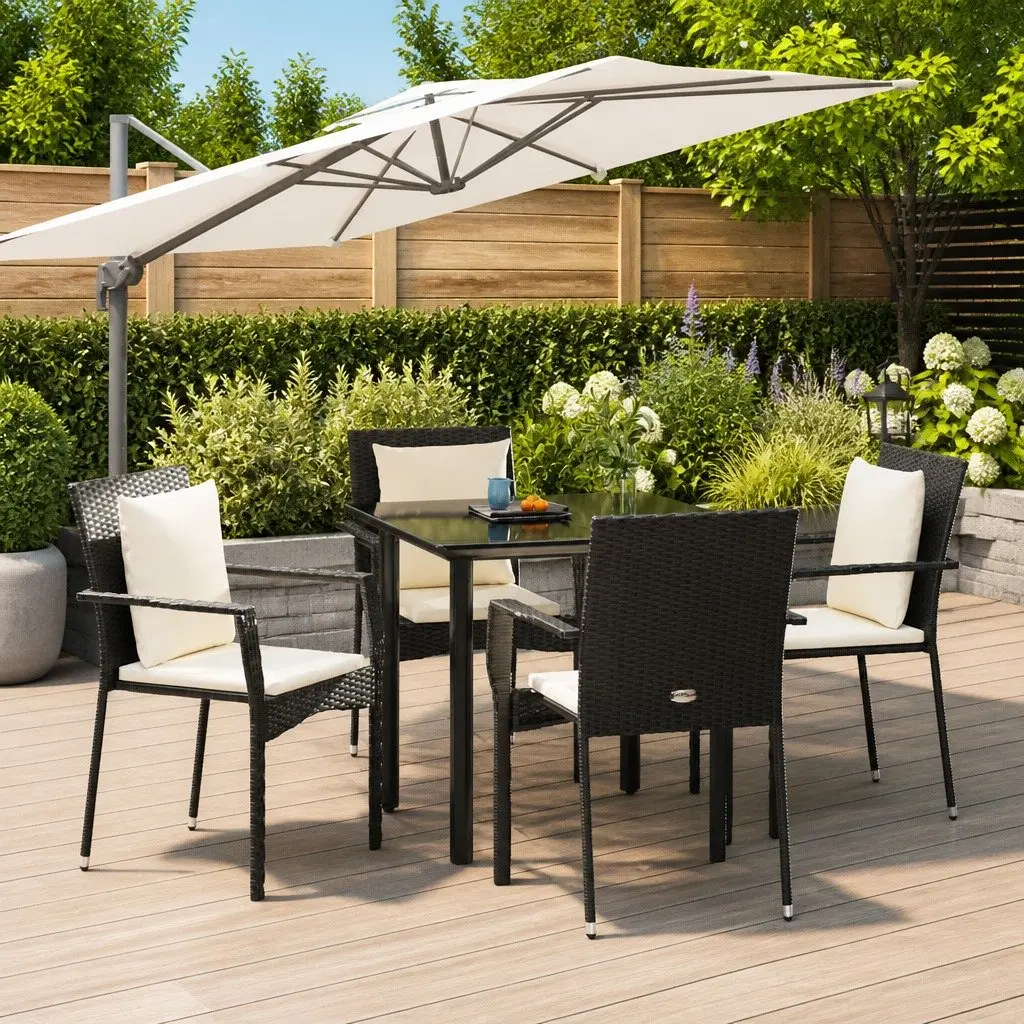 5 Piece Garden Dining Set Outdoor Furniture Weather-resistant PE Rattan Black with Cushions