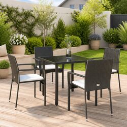 5 Piece Garden Dining Set Outdoor Patio Black Poly Rattan Chairs Table Cushions
