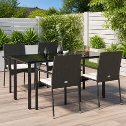 5 Piece Outdoor Garden Dining Set Black Poly Rattan Chair Table Cushions
