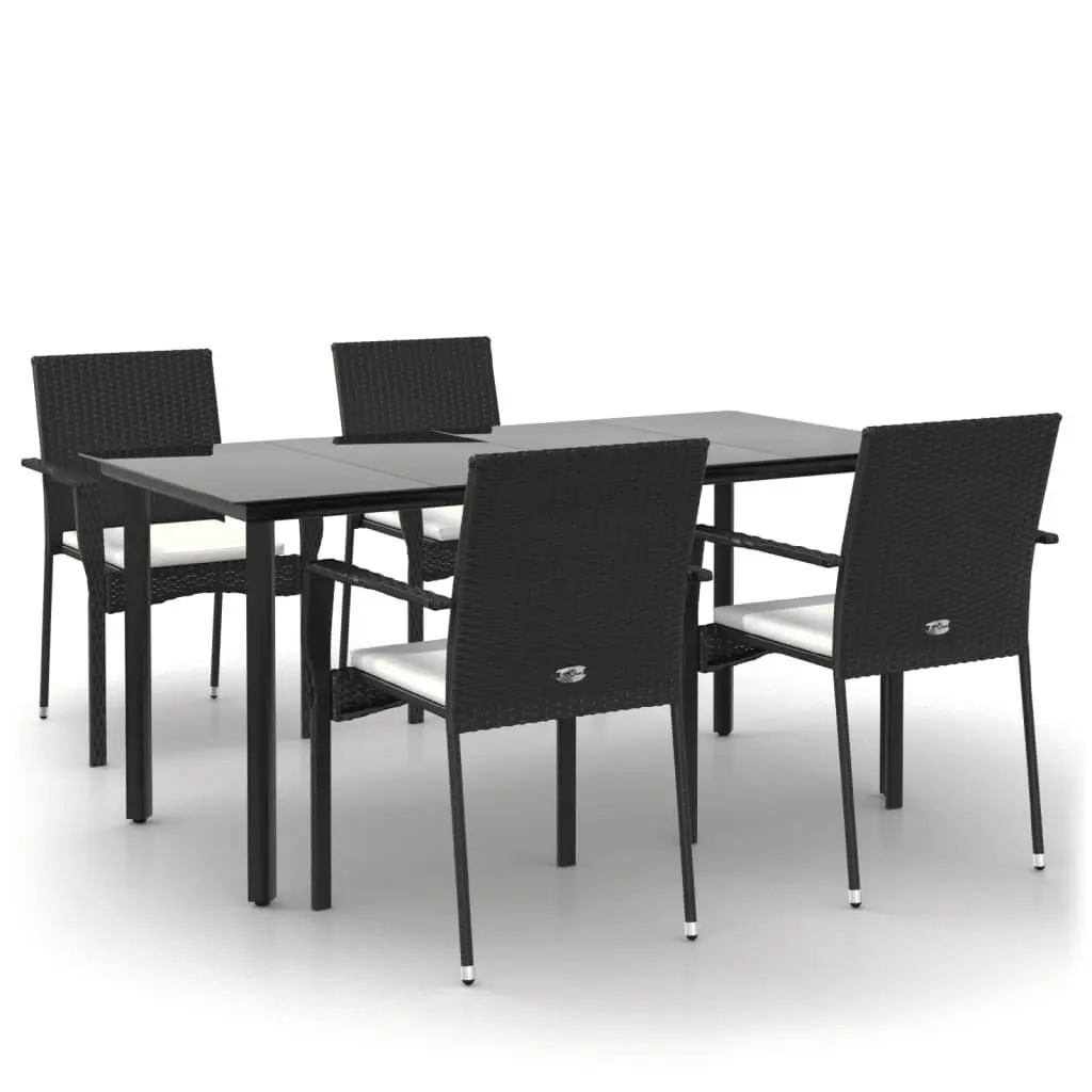 5 Piece Outdoor Garden Dining Set Black PE Rattan Chairs Table with Cushions