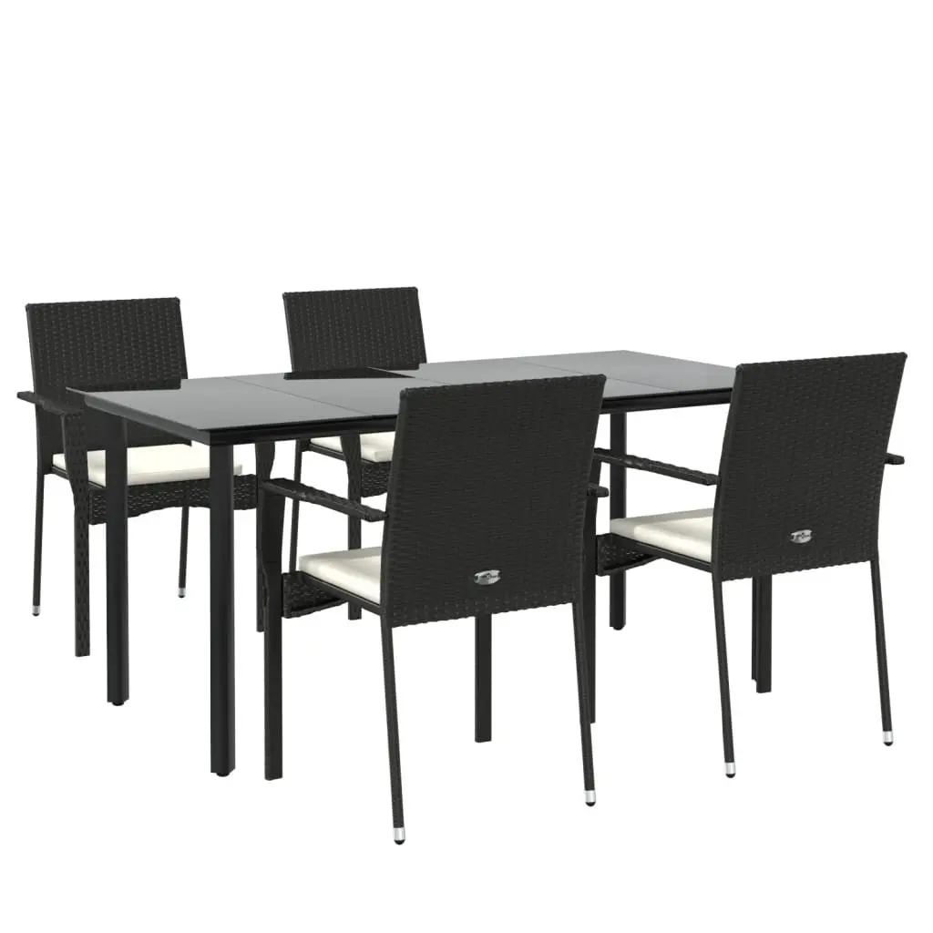 5 Piece Outdoor Garden Dining Set Black PE Rattan Chairs Table with Cushions