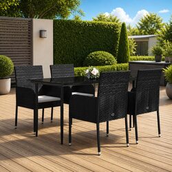 5 Piece Garden Dining Set Black Poly Rattan Outdoor Patio Furniture with