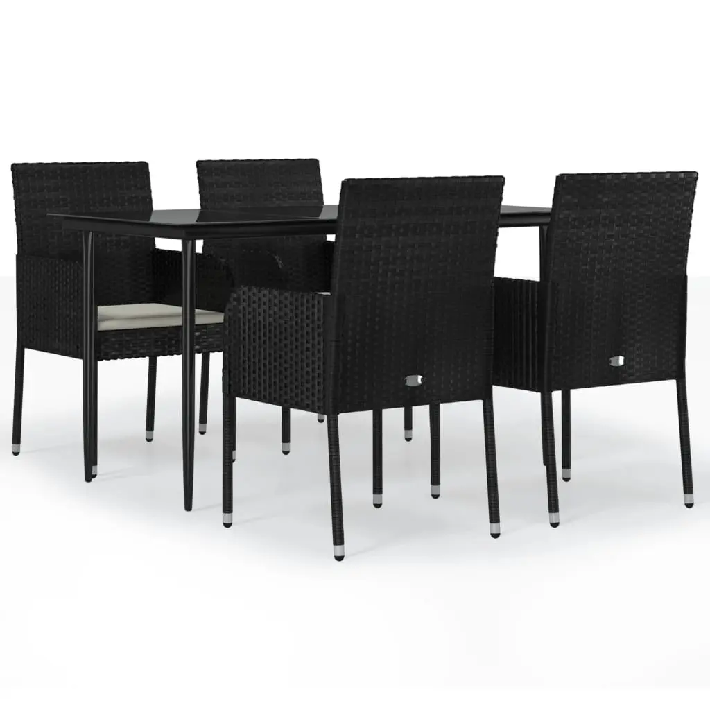 5 Piece Garden Dining Set Black PE Poly Rattan Outdoor Patio Furniture with Tempered Glass Tabletop