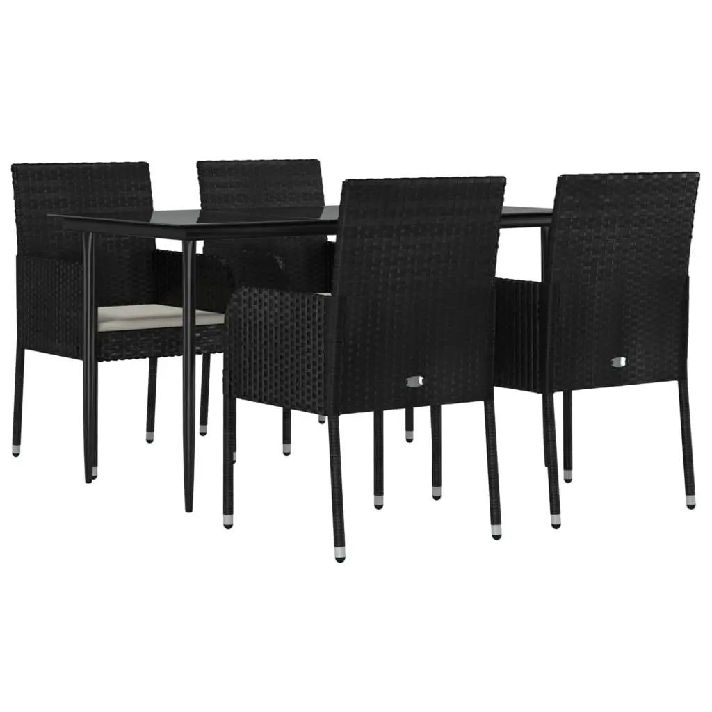 5 Piece Garden Dining Set Black PE Poly Rattan Outdoor Patio Furniture with Tempered Glass Tabletop