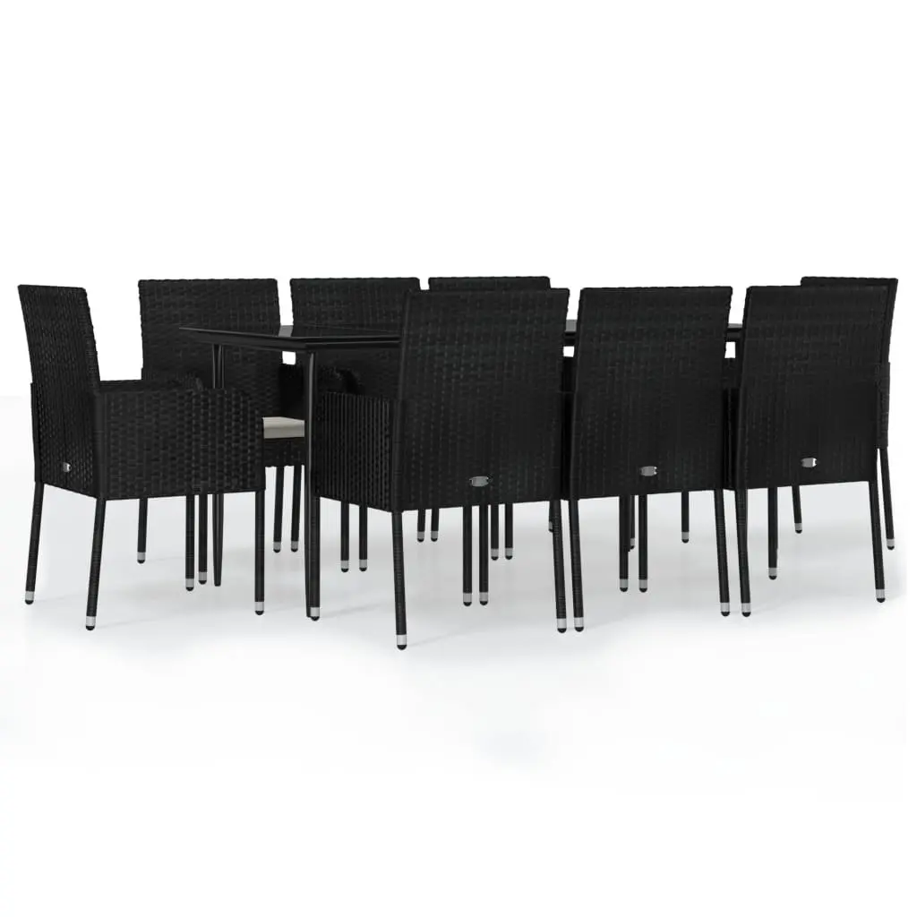 Garden Dining Set 9 Piece Modular Outdoor Patio Furniture Black PE Rattan with Tempered Glass Table and Cushioned Chairs