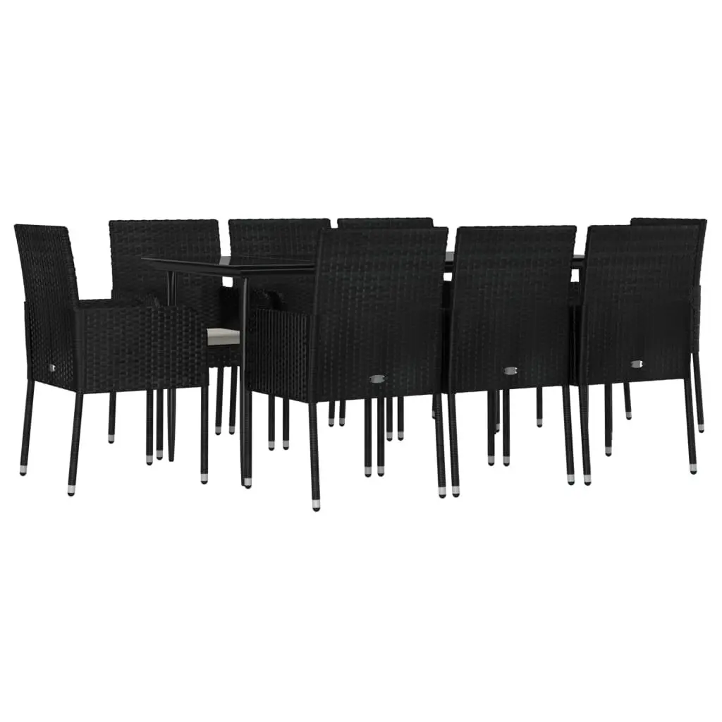 Garden Dining Set 9 Piece Modular Outdoor Patio Furniture Black PE Rattan with Tempered Glass Table and Cushioned Chairs