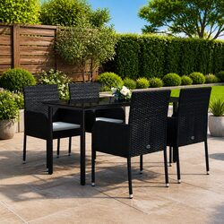 5 Piece Outdoor Garden Dining Set Black Poly Rattan Chairs Table Cushions