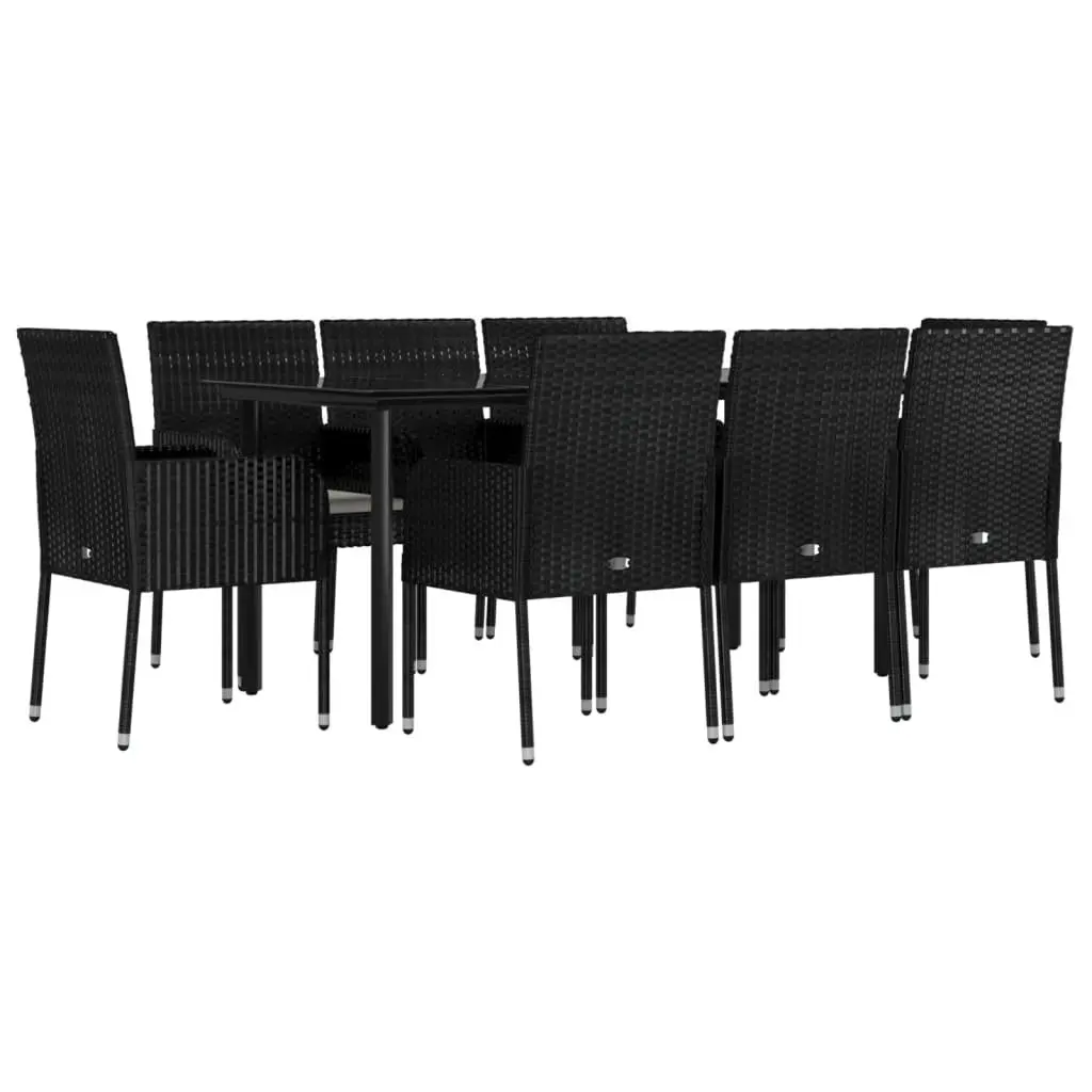 Garden Dining Set 9 Piece Weather-Resistant Black Poly Rattan with Steel Frame and Tempered Glass Tabletop