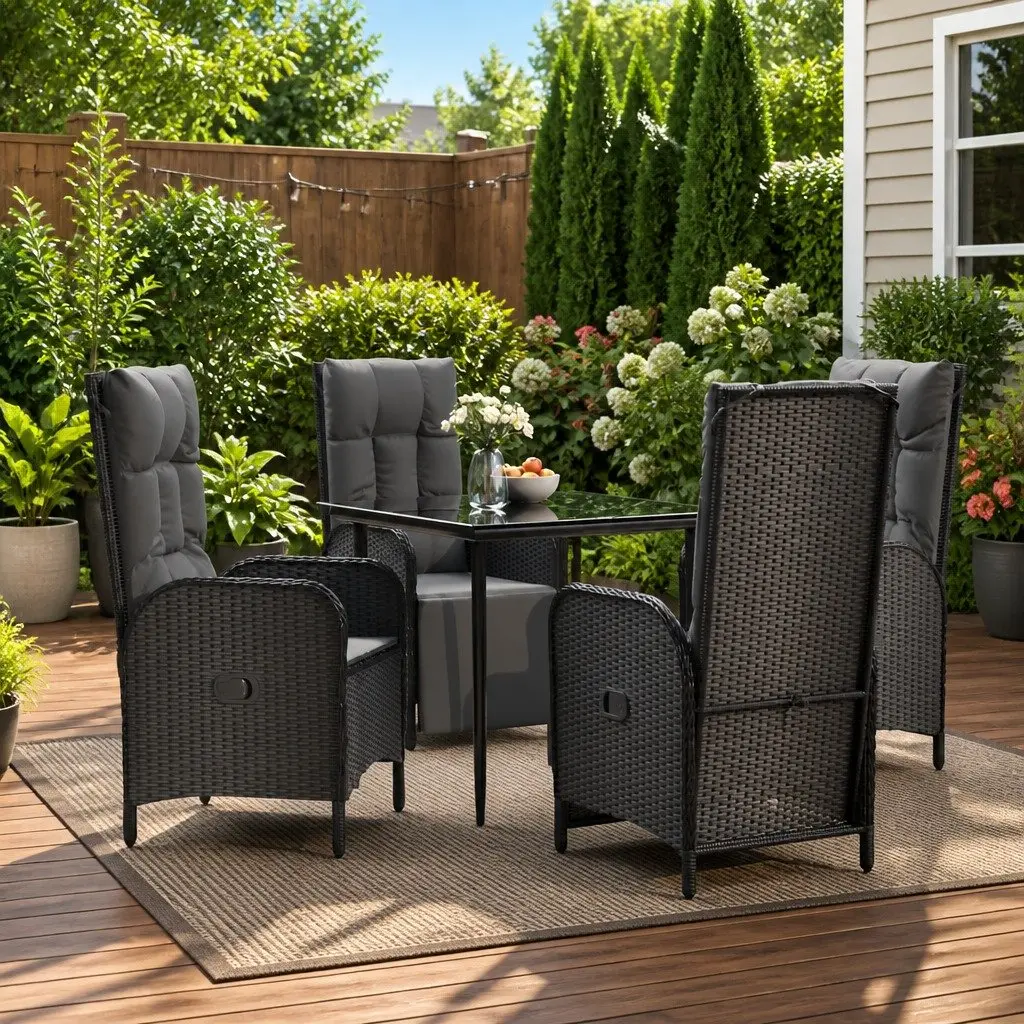 5 Piece Outdoor Dining Set Garden Furniture Black Poly Rattan Chairs Table