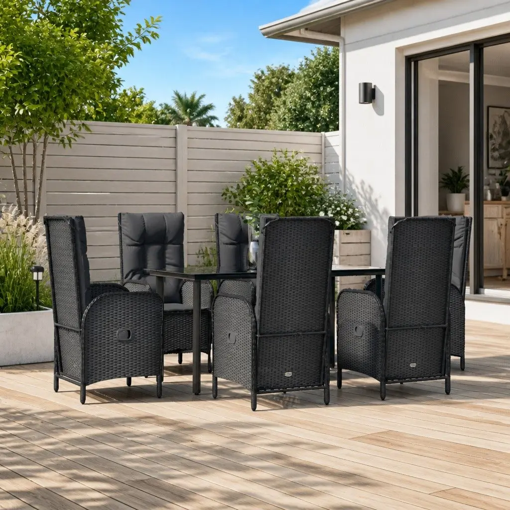 Outdoor Dining Set 7 Piece Weather-resistant PE Rattan Black Chairs Table