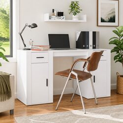 Office Desk with Storage Cabinet White Engineered Wood Study Writing Table