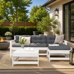 Garden Lounge Set 5 Piece Outdoor Furniture White Slatted Design Cushions Patio