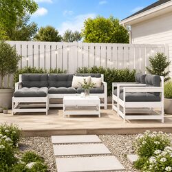 Garden Lounge Set 7 Piece White Solid Wood Outdoor Furniture Patio Cushions