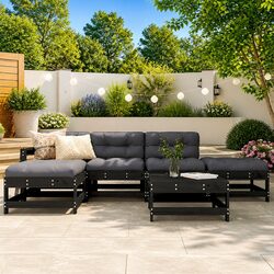 Outdoor Garden Lounge Set 6 Piece Black Wood Furniture Patio Sofa with Cushions