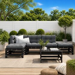 6 Piece Garden Lounge Set with Cushions Black Wooden Outdoor Patio Furniture