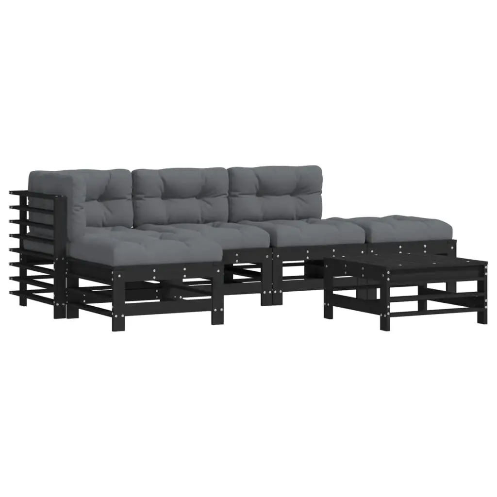 6 Piece Garden Lounge Set with Cushions Black Wooden Outdoor Patio Furniture