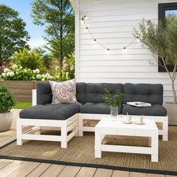 Garden Lounge Set 5 Piece Outdoor Furniture White Slatted Wood Cushions Patio