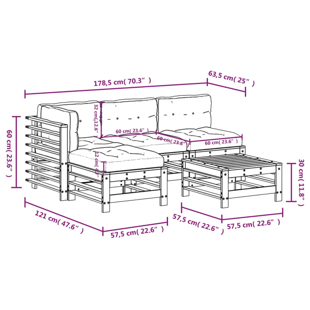 Garden Lounge Set 5 Piece Outdoor Furniture White Slatted Wood Cushions Patio