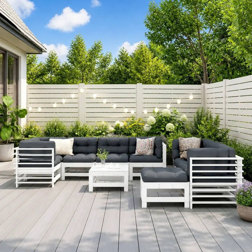 Garden Lounge Set 10 Piece White Solid Wood Patio Furniture with Cushions