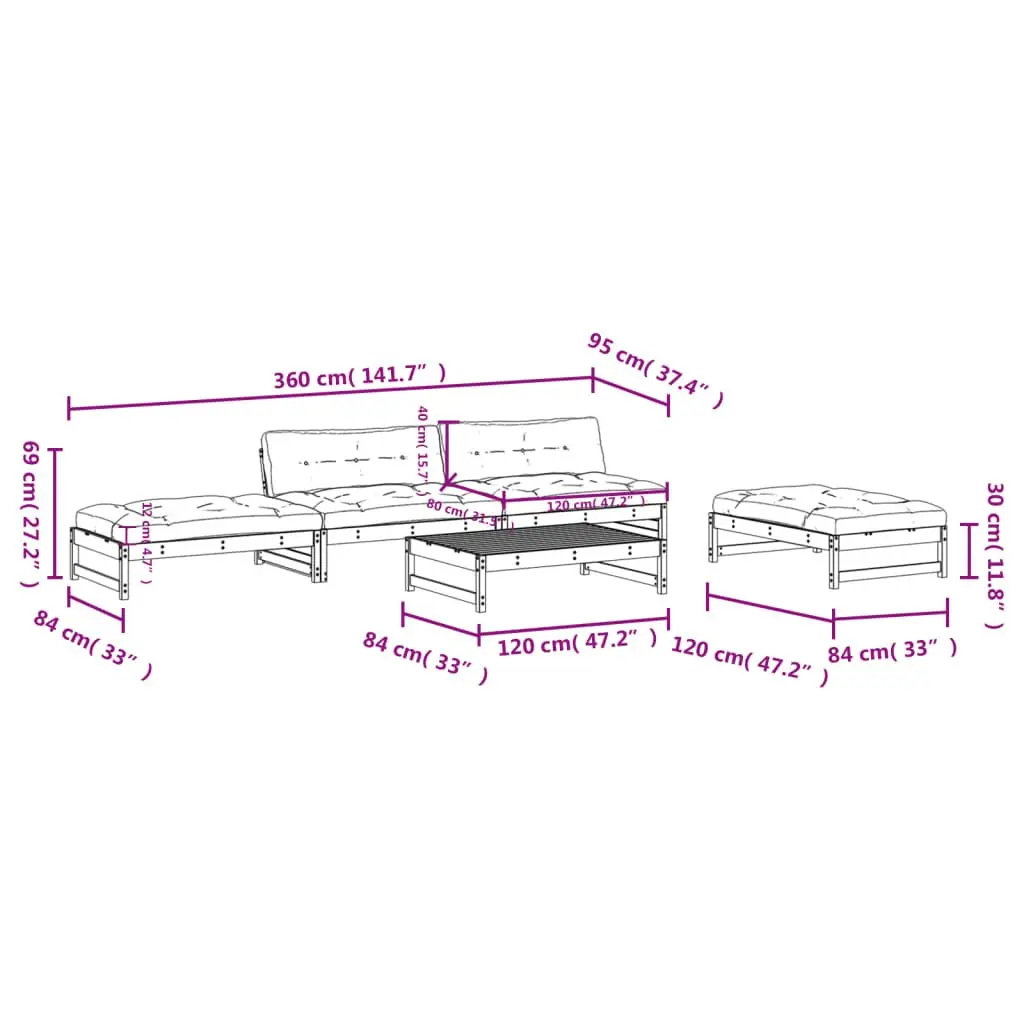 5 Piece Garden Lounge Set with Cushions Solid Wood Outdoor Furniture Patio