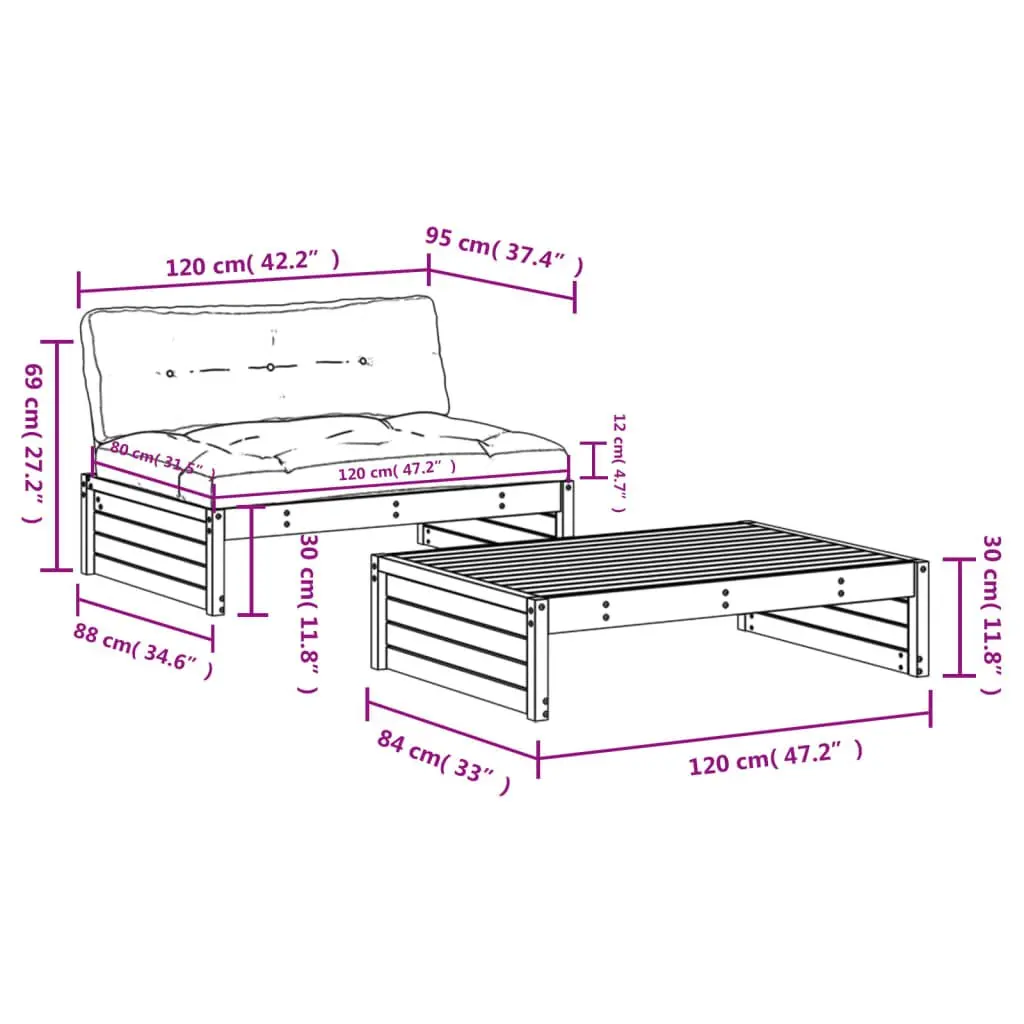 2 Piece Garden Lounge Set with Cushions Solid Wood Patio Outdoor Furniture Brown