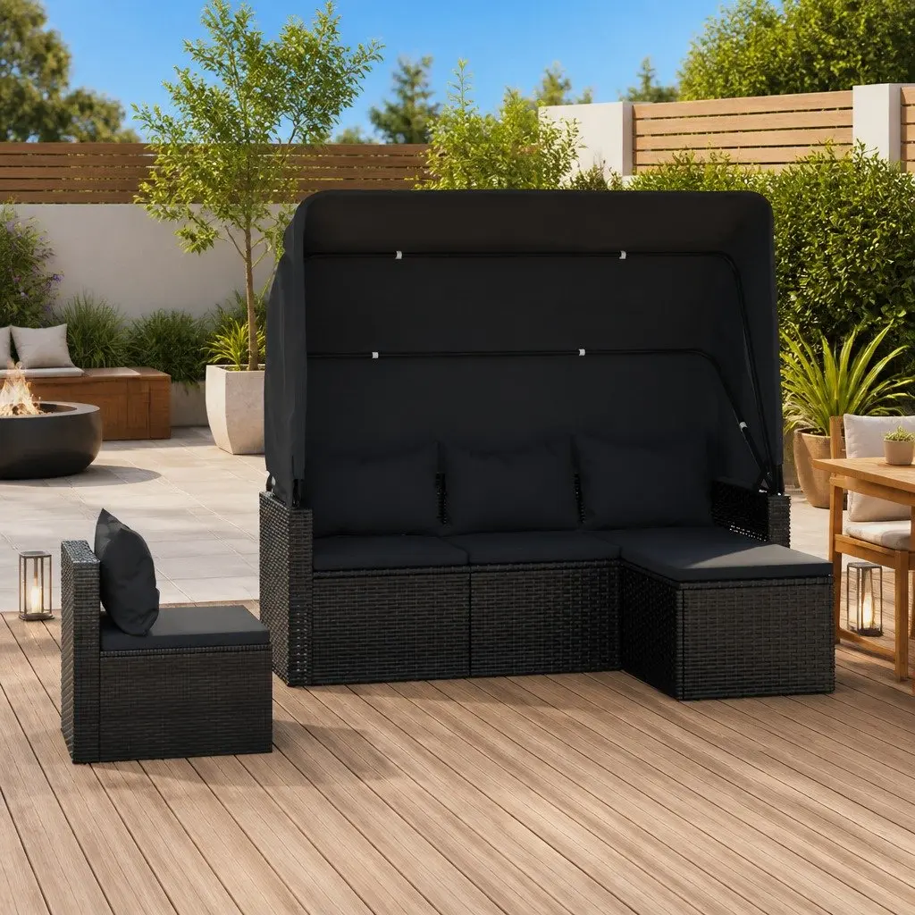 4 Piece Garden Sofa Set with Cushions Black Poly Rattan Outdoor Furniture