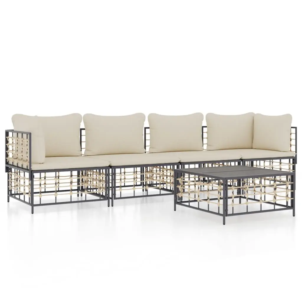 5 Piece Outdoor Garden Lounge Set Poly Rattan Sofa with Cushions Anthracite